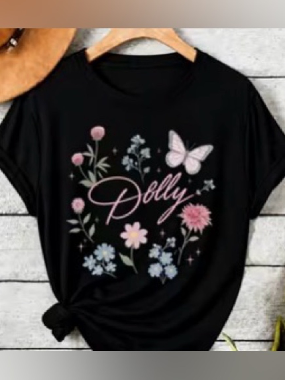 Western Tee Dolly Black Tee with Pastel Pink & Multi-Color Florals